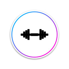 Dumbbell icon isolated on white background. Muscle lifting icon, fitness barbell, gym icon, sports equipment symbol, exercise bumbbell. Circle white button. Vector Illustration