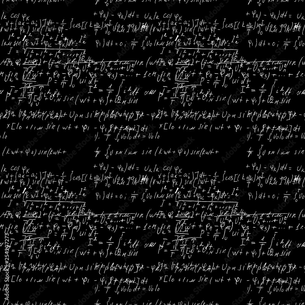 Poster seamless math black board with handwritten mathematical and physics formulas and proves. vector
