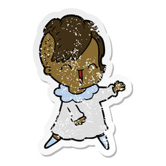 distressed sticker of a happy cartoon hipster girl