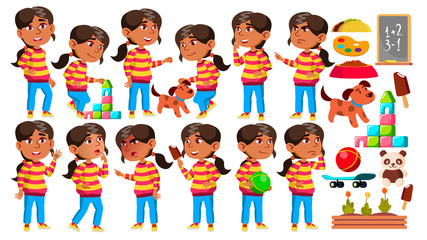 Arab, Muslim Girl Kindergarten Kid Poses Set Vector. Preschooler Playing. Friendship. For Web, Poster, Booklet Design. Isolated Cartoon Illustration