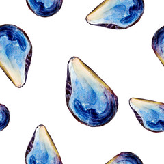 Watercolor hand drawn oyster isolated seamless pattern.
