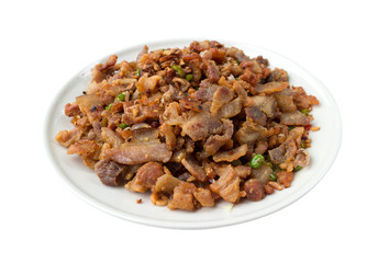fried pork belly with fish sauce isolated on white background