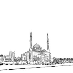 Hand drawn sketch of Mosque with skyscrapers in Dubai Marina district, UAE. Illustration, vector.