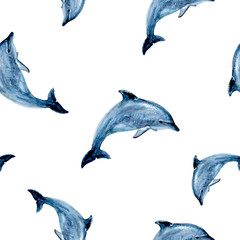Watercolor hand drawn dolphin isolated seamless pattern.