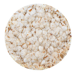 Isolated crispbread. One round rice bread isolated on white background with clipping path. Top view. 