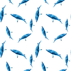 Watercolor hand drawn whale isolated seamless pattern.