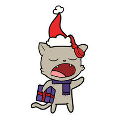 line drawing of a cat with christmas present wearing santa hat