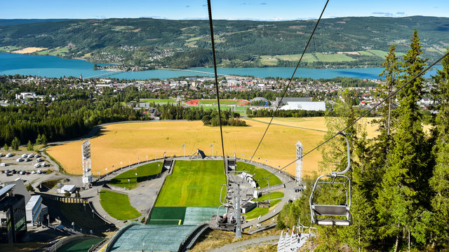 Panoramic view of Lillehammer, Norway as seen from ski lift. 