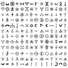 Fototapeta na wymiar Large set of alchemical symbols isolated on white background. Hand drawn and written elements for signs design. Inspiration by mystical, esoteric, occult theme. Vector.