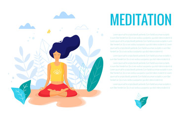 Woman sitting in lotus position practicing meditation. Yoga girl vector trendy illustration.