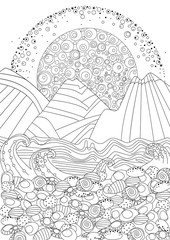 sunrise seascape with stone beach for your coloring page
