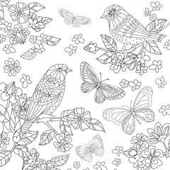 lovely birds on branch of flowering cherry in garden for your co