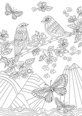 mountain seascape with pretty birds on branch of flowering sakur