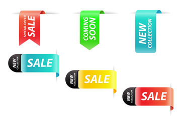 Vector collection of new collection, special offer, coming soon and sale realistic tags for webpage and advertising
