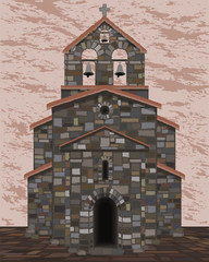 Ancient stone church in visigothic style with bells. vector illustration