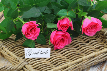 Good luck card with pink wild roses on wicker