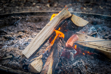 cuisson d'une saucisse au barbecue dans la nature