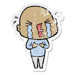 distressed sticker of a cartoon crying bald man