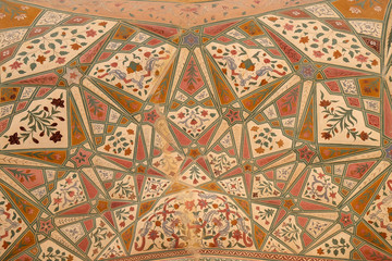 Beautiful ornament on wall of palace in Amber Fort in Jaipur, Rajasthan, India