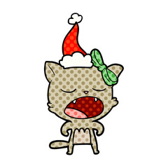 comic book style illustration of a cat meowing wearing santa hat