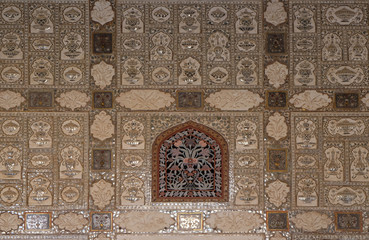 Detail of the mirrored ceiling in the Mirror Palace at Amber Fort in Jaipur, Rajasthan, India