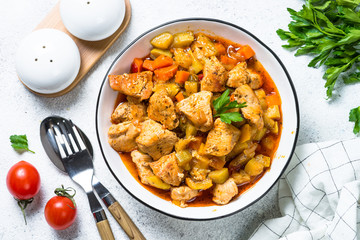 Chicken stew with vegetables, top view.
