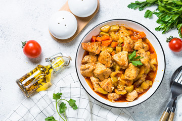 Chicken stew with vegetables, top view.
