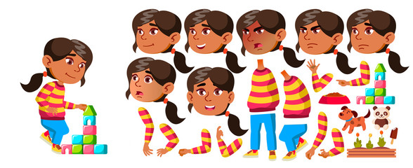 Arab, Muslim Girl Kindergarten Kid Vector. Animation Creation Set. Face Emotions, Gestures. Happy Children Character. Babysitting. Card, Advertisement, Greeting Design. Animated. Isolated Illustration