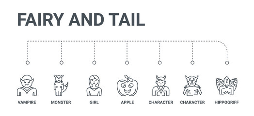 Fototapeta premium simple set of 7 line icons such as hippogriff, character, character, apple, girl, monster, vampire from fairy and tail concept on white background