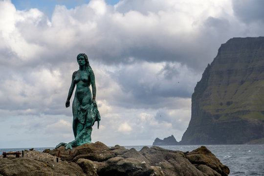 Statue of Kopakonan (seal woman) in the village of Mikladalur, Kalsoy, Faroe Islands