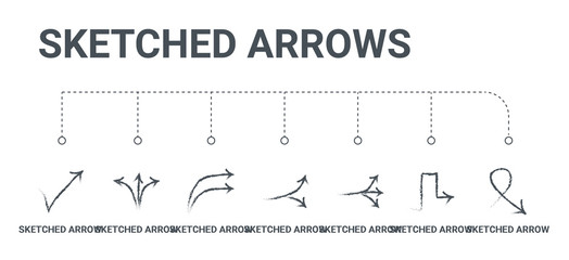 simple set of 7 line icons such as sketched arrow, sketched arrow, sketched arrow, from arrows concept on white background