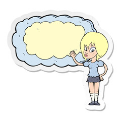 sticker of a cartoon woman with cloud text space