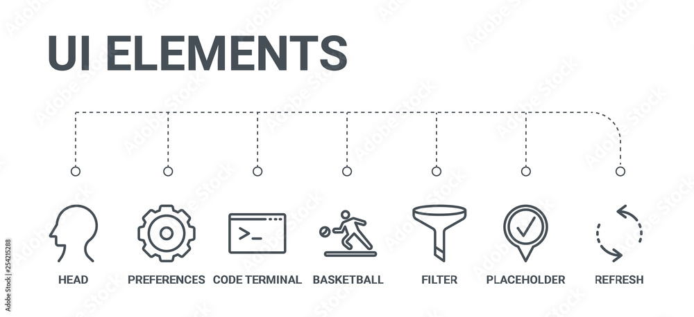 Poster simple set of 7 line icons such as refresh, placeholder, filter, basketball, code terminal, preferen