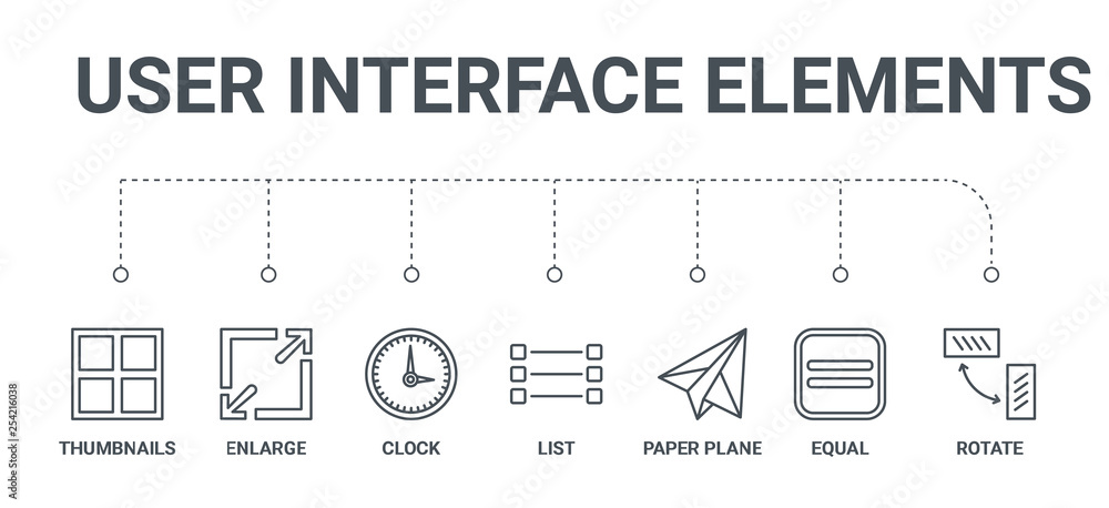 Poster simple set of 7 line icons such as rotate, equal, paper plane, list, clock, enlarge, thumbnails from