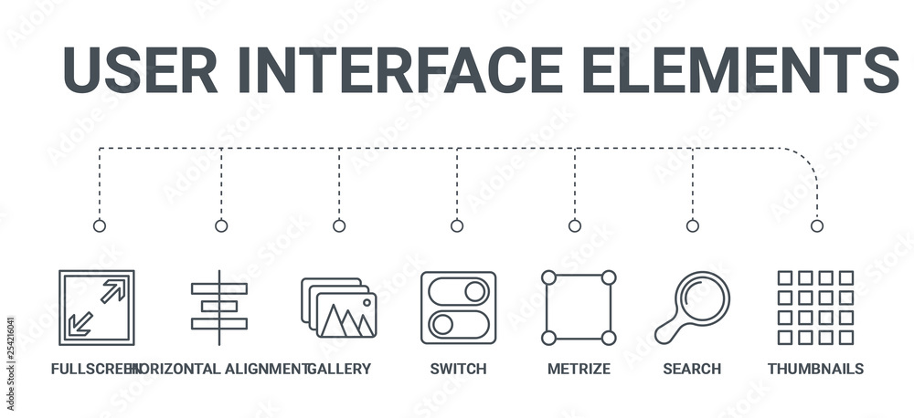 Aufkleber simple set of 7 line icons such as thumbnails, search, metrize, switch, gallery, horizontal alignmen