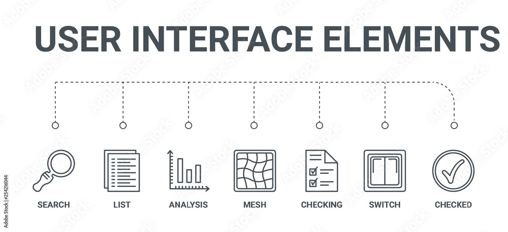 Poster simple set of 7 line icons such as checked, switch, checking, mesh, analysis, list, search from user