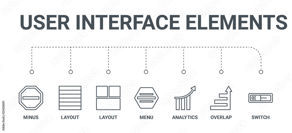 Poster simple set of 7 line icons such as switch, overlap, analytics, menu, layout, layout, minus from user