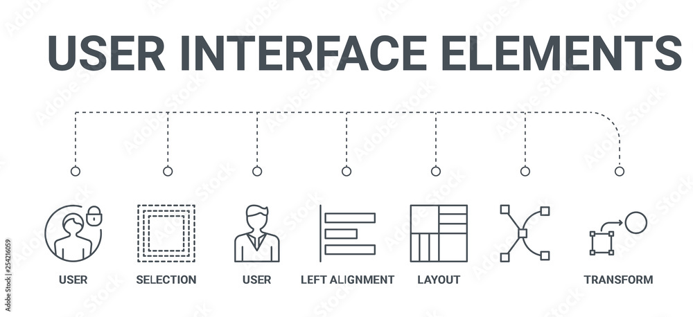 Poster simple set of 7 line icons such as transform, , layout, left alignment, user, selection, user from u