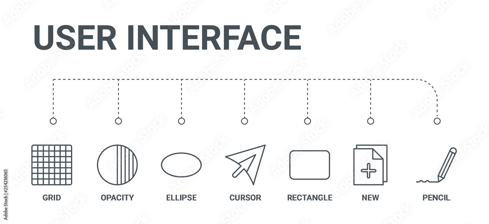 Poster simple set of 7 line icons such as pencil, new, rectangle, cursor, ellipse, opacity, grid from user 