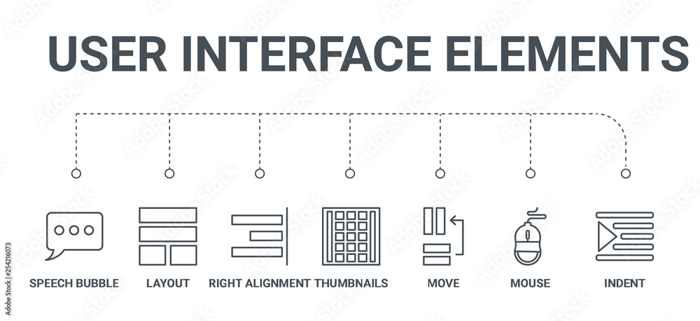 Poster simple set of 7 line icons such as indent, mouse, move, thumbnails, right alignment, layout, speech 