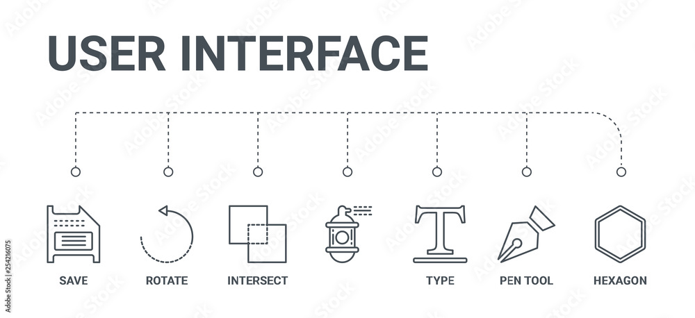 Poster simple set of 7 line icons such as hexagon, pen tool, type, , intersect, rotate, save from user inte