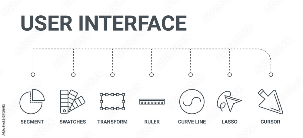Poster simple set of 7 line icons such as cursor, lasso, curve line, ruler, transform, swatches, segment fr