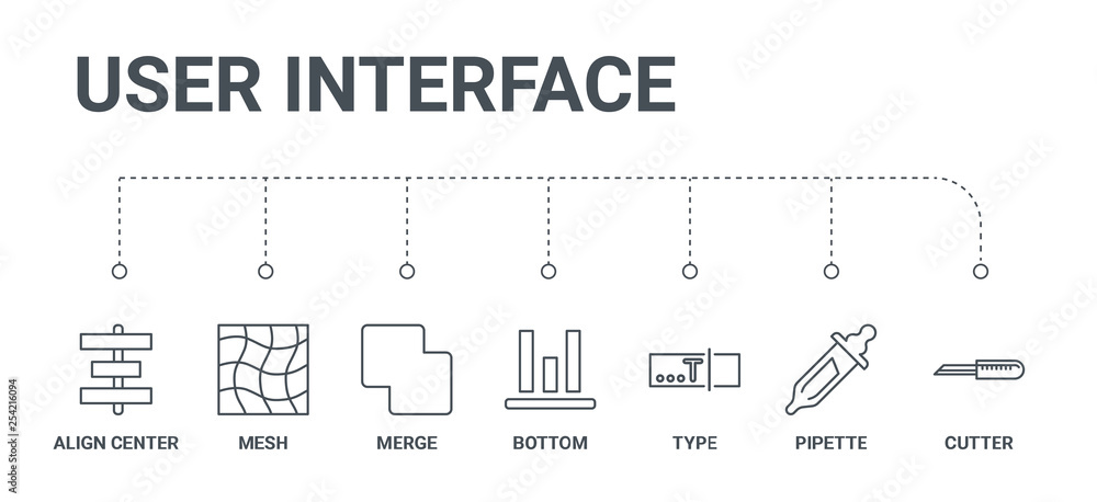 Poster simple set of 7 line icons such as cutter, pipette, type, bottom, merge, mesh, align center from use