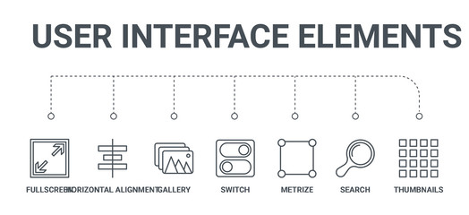 simple set of 7 line icons such as thumbnails, search, metrize, switch, gallery, horizontal alignment, fullscreen from user interface elements concept on white background