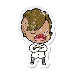 distressed sticker of a cartoon cool hipster girl talking