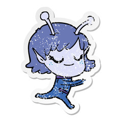 distressed sticker of a smiling alien girl cartoon running