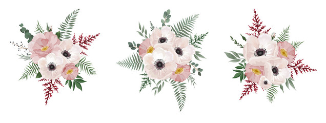 Vector floral bouquet design anemone, Eucalyptus branch . Wedding vector invite card Watercolor designer element set.