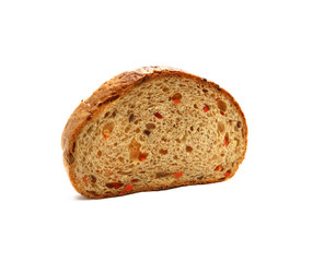 A piece of grain bread cut oval isolated on a white background.