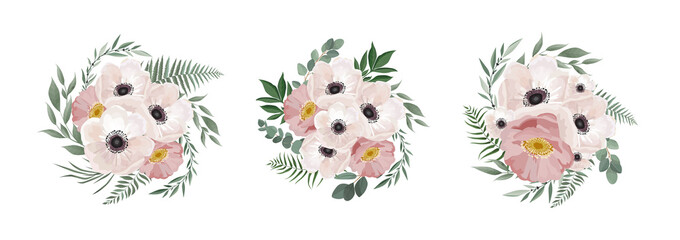 Vector floral bouquet design anemone, Eucalyptus branch . Wedding vector invite card Watercolor designer element set.