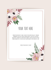 Botanical wedding invitation card template design, white and pink flowers on white background.